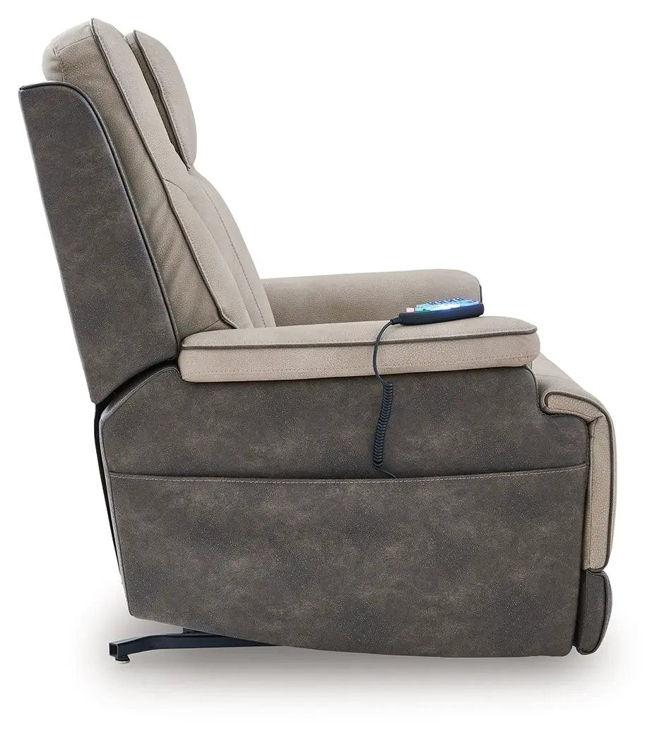 4Z-Peaceful Pause Serenity Zone Power Lift Recliner tan fabric with dark brown side panel remote on Tampa Home & Garden Store
