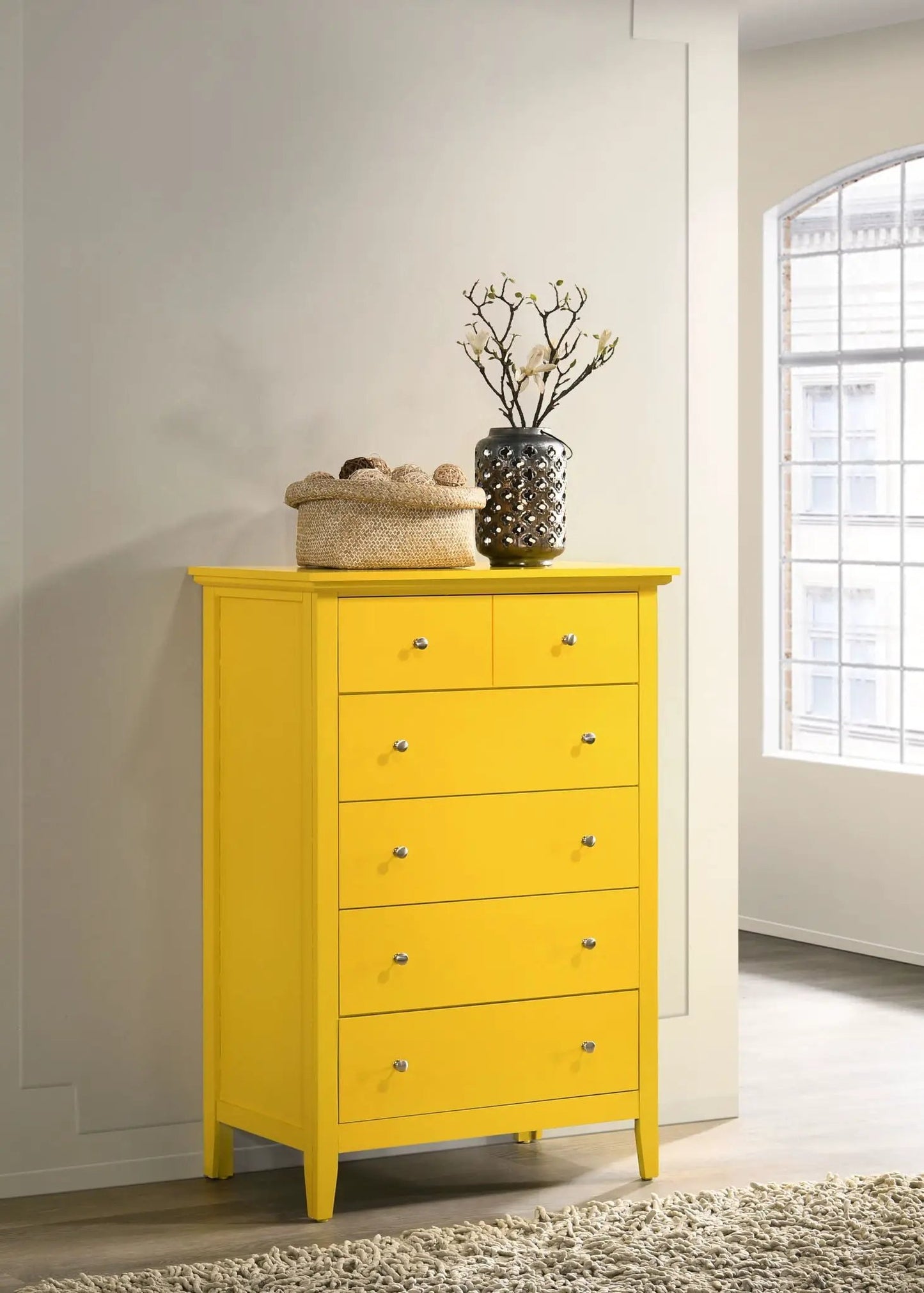 Hammond Chest by Unique Piece Furniture yellow wood accent chest with silver knobs on Tampa Home & Garden Store