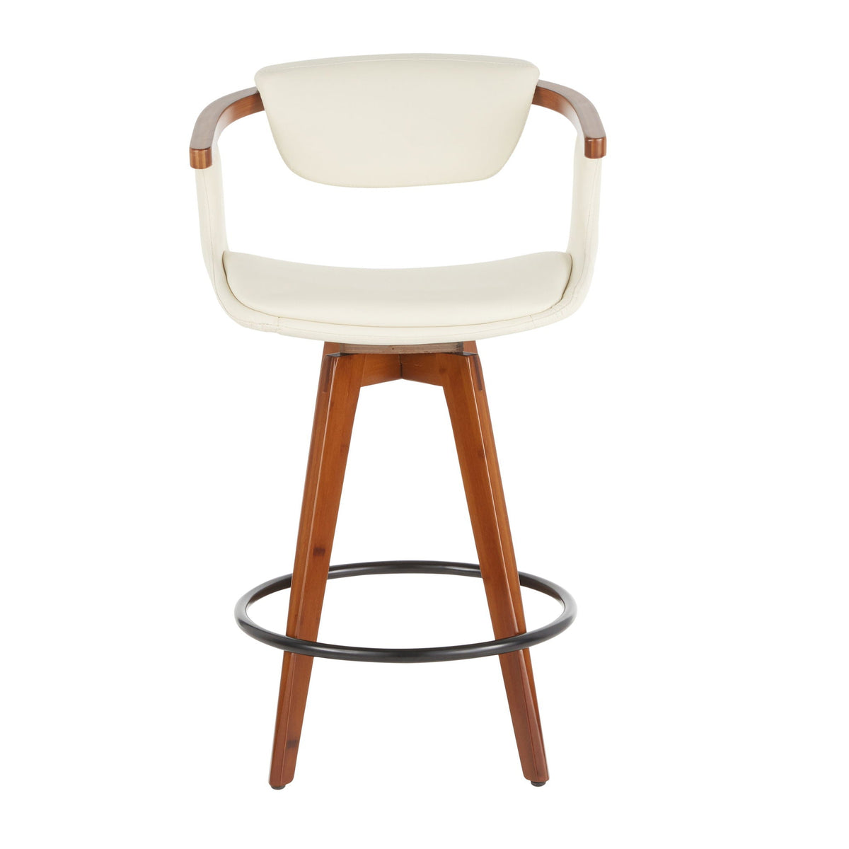 Counter height swivel stool in cream upholstery with curved wood arms and ring foot rest on Tampa Home & Garden Store