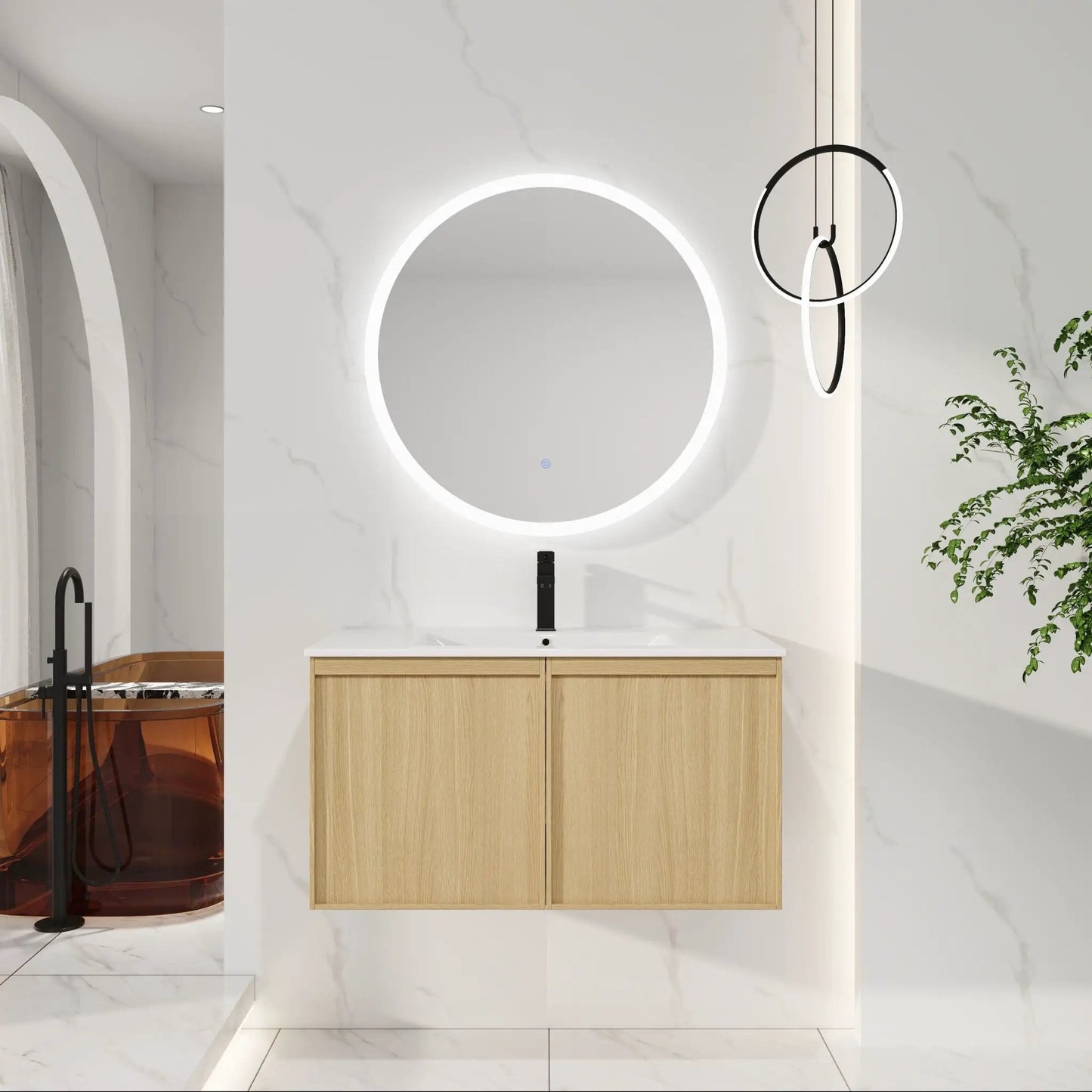 Floating bathroom vanity with sink combo in oak, black faucet, large backlit round mirror on Tampa Home & Garden Store