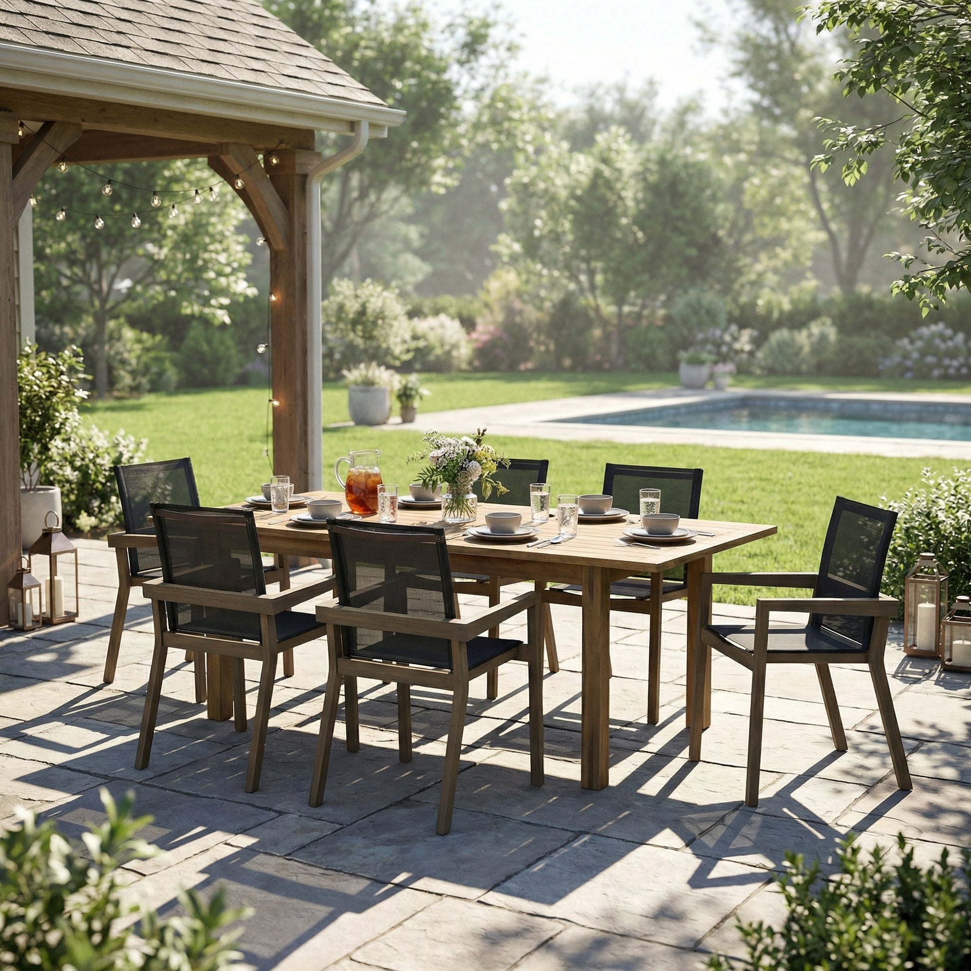 7-piece Acacia Wood outdoor dining set by HouseOfZazla with rectangular table on Tampa Home & Garden Store
