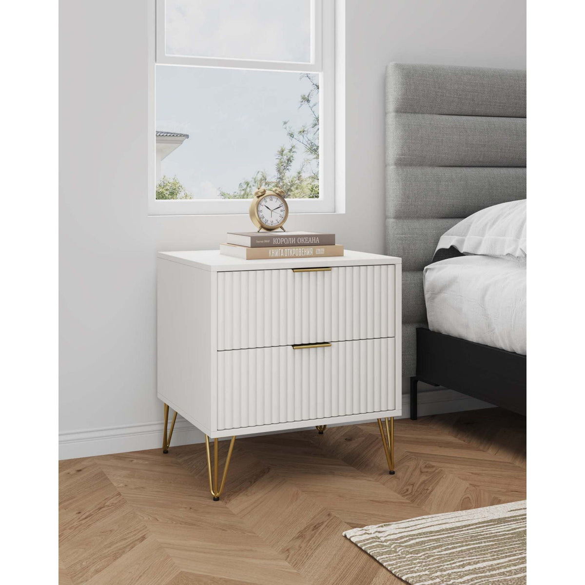 Dumbo Nightstand with 2 fluted drawers in white with gold legs on Tampa Home & Garden Store