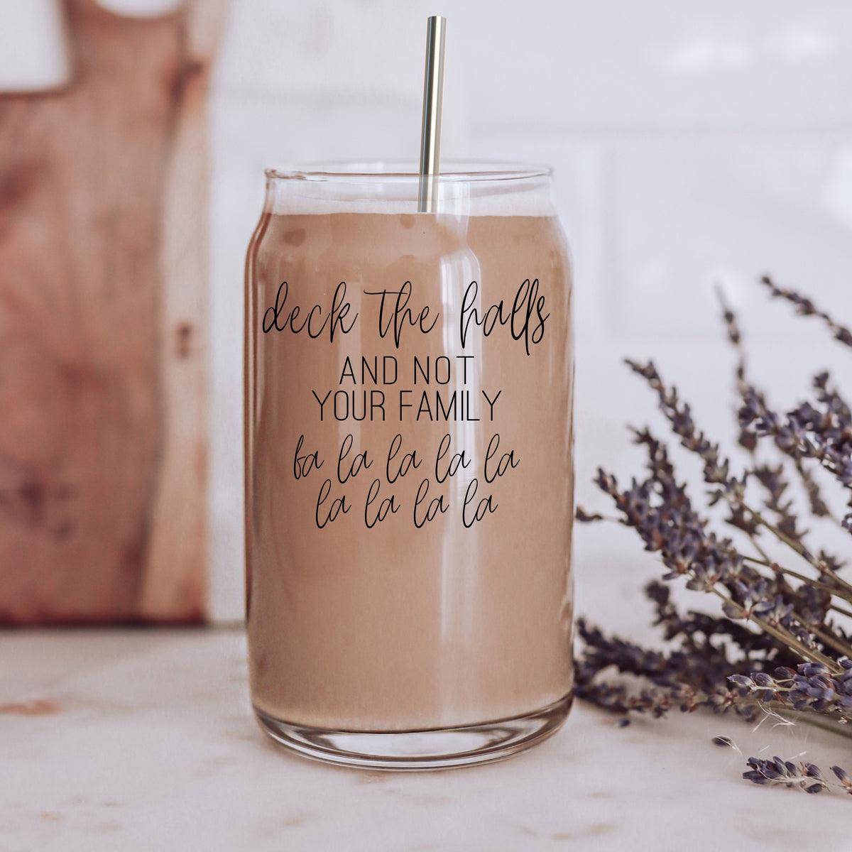 Deck the Halls 17oz glass cup by Gia Roma with stainless steel straw on Tampa Home & Garden Store