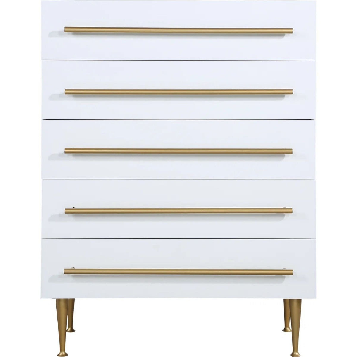 Contemporary white accent chest by HouseOfZazla with gold drawer pulls and tapered legs on Tampa Home & Garden Store