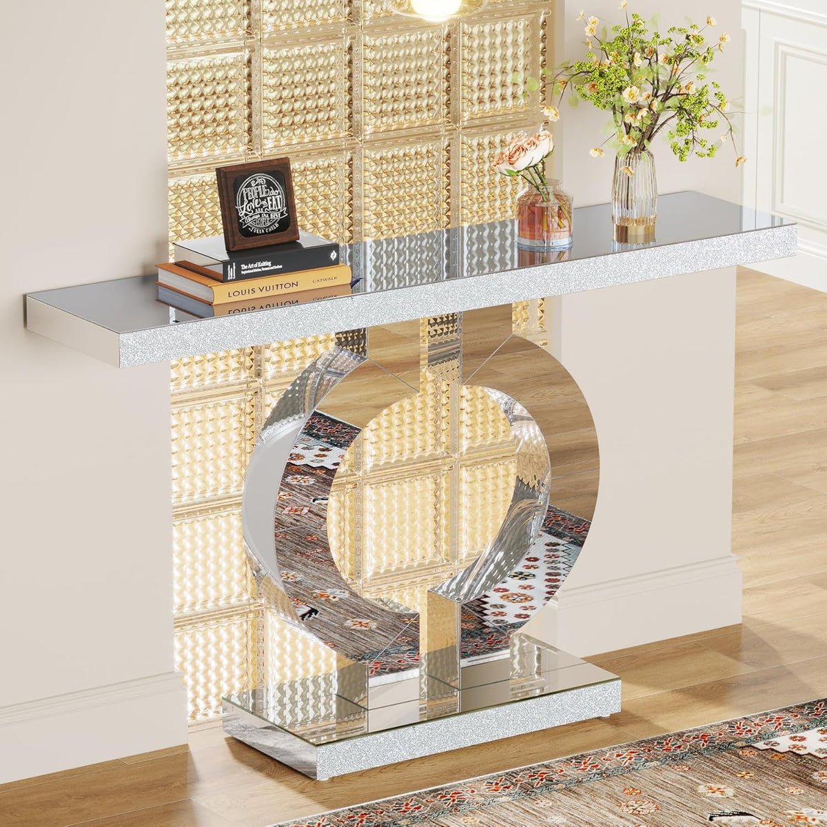 Mirrored Console Table with O-Shaped Silver Base, glass top, glitter edge for living room on Tampa Home & Garden Store