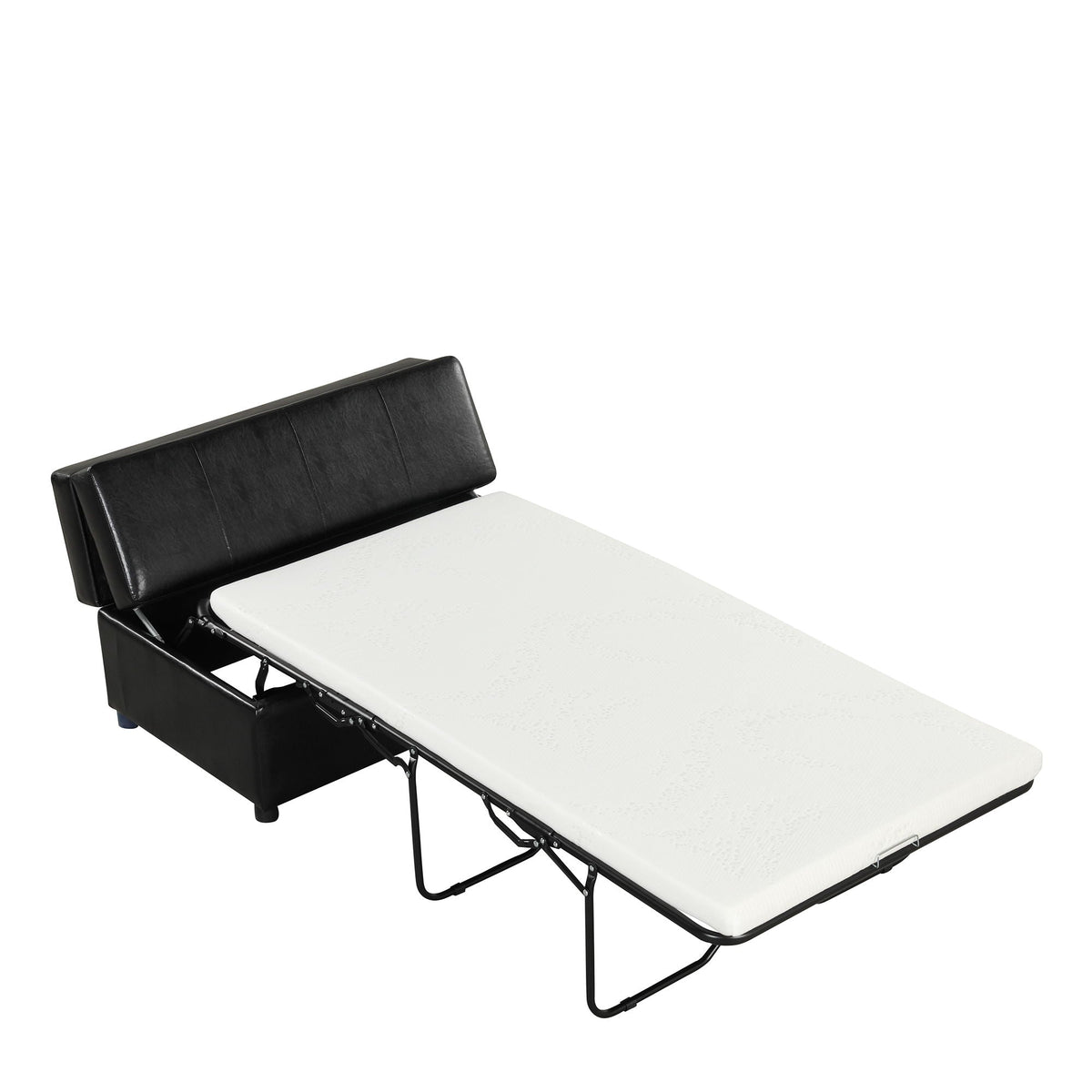 Twin size folding ottoman sleeper bed by HouseOfZazla, black faux leather with white mattress on Tampa Home & Garden Store