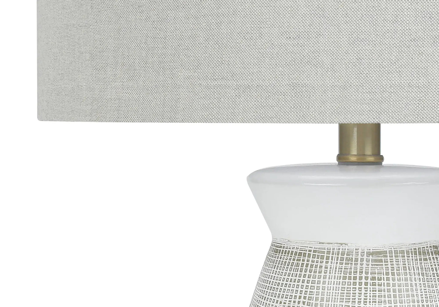 Table lamp with gray fabric shade and white ceramic grid base, brass neck by Unique Piece Furniture on Tampa Home & Garden Store