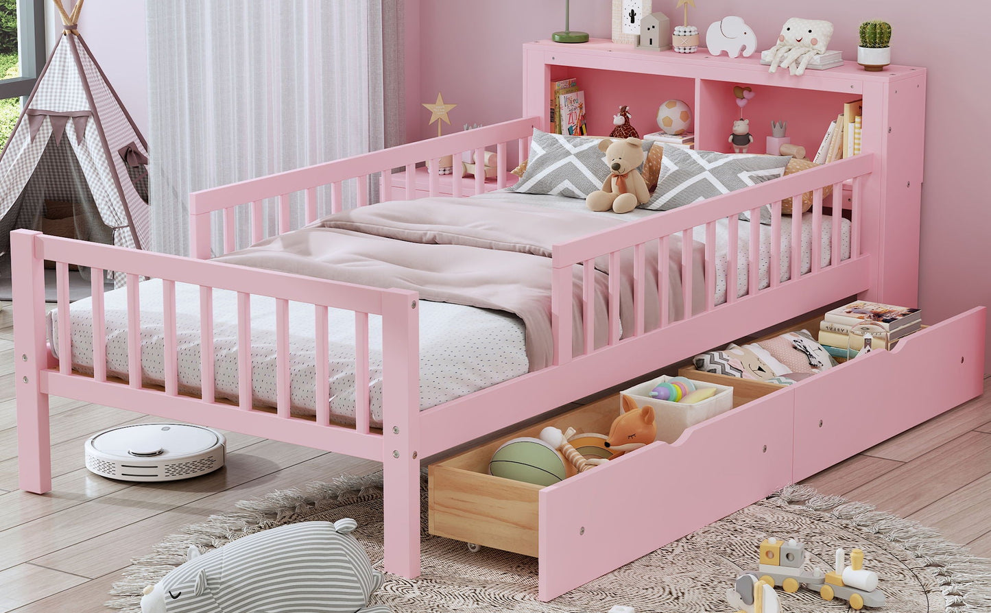 Pink storage bed with headboard rack, two under-bed drawers, and three side guardrails on Tampa Home & Garden Store