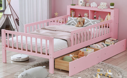 Pink storage bed with headboard rack, two under-bed drawers, and three side guardrails on Tampa Home & Garden Store