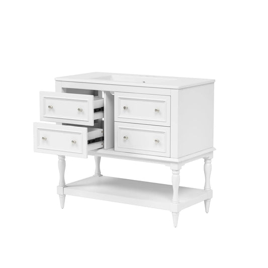 White bathroom vanity with medicine cabinet and four drawers, adjustable shelves, on Tampa Home & Garden Store