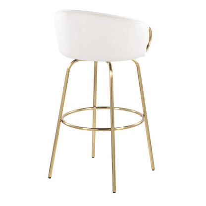 Claire Contemporary fixed-height bar stool with white upholstery, gold metal legs and footrest on Tampa Home & Garden Store