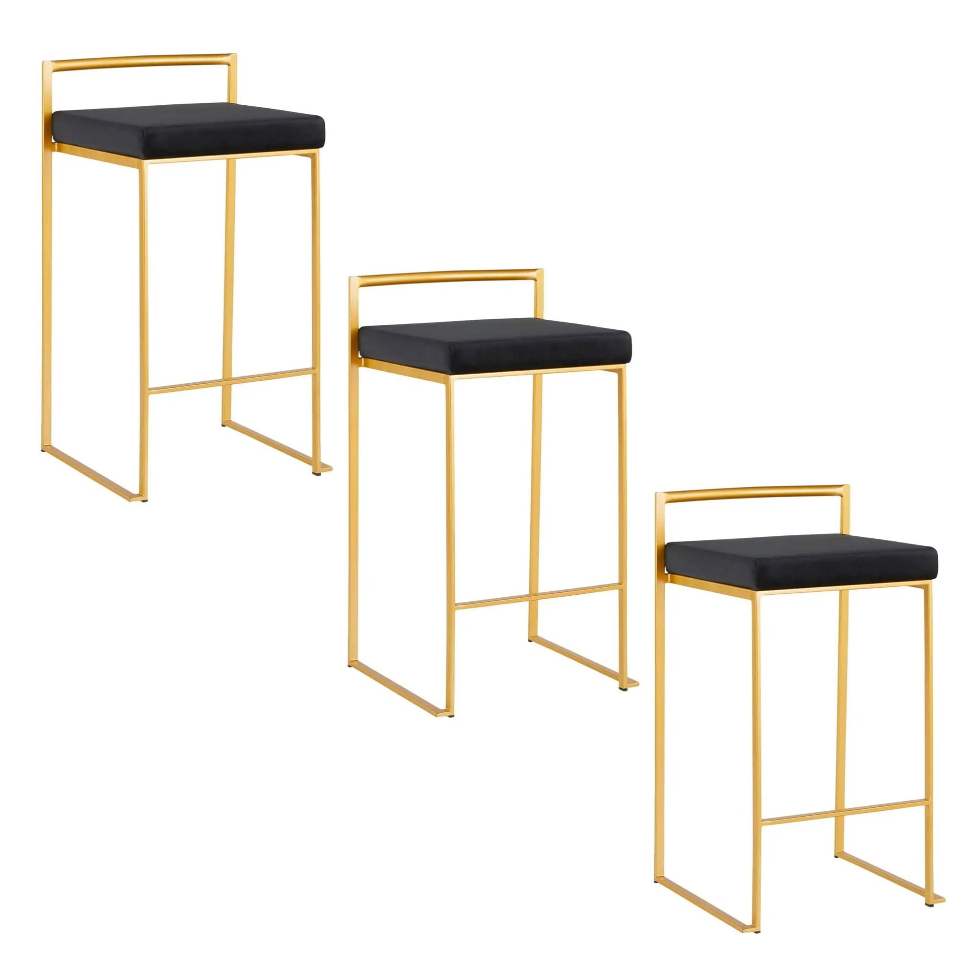 Fuji Contemporary Glam Counter Stool set of 2 with gold frame and black cushioned seat on Tampa Home & Garden Store