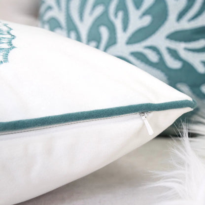 Two Seahorses pillow covers white fabric with teal piping and back zipper on Tampa Home & Garden Store