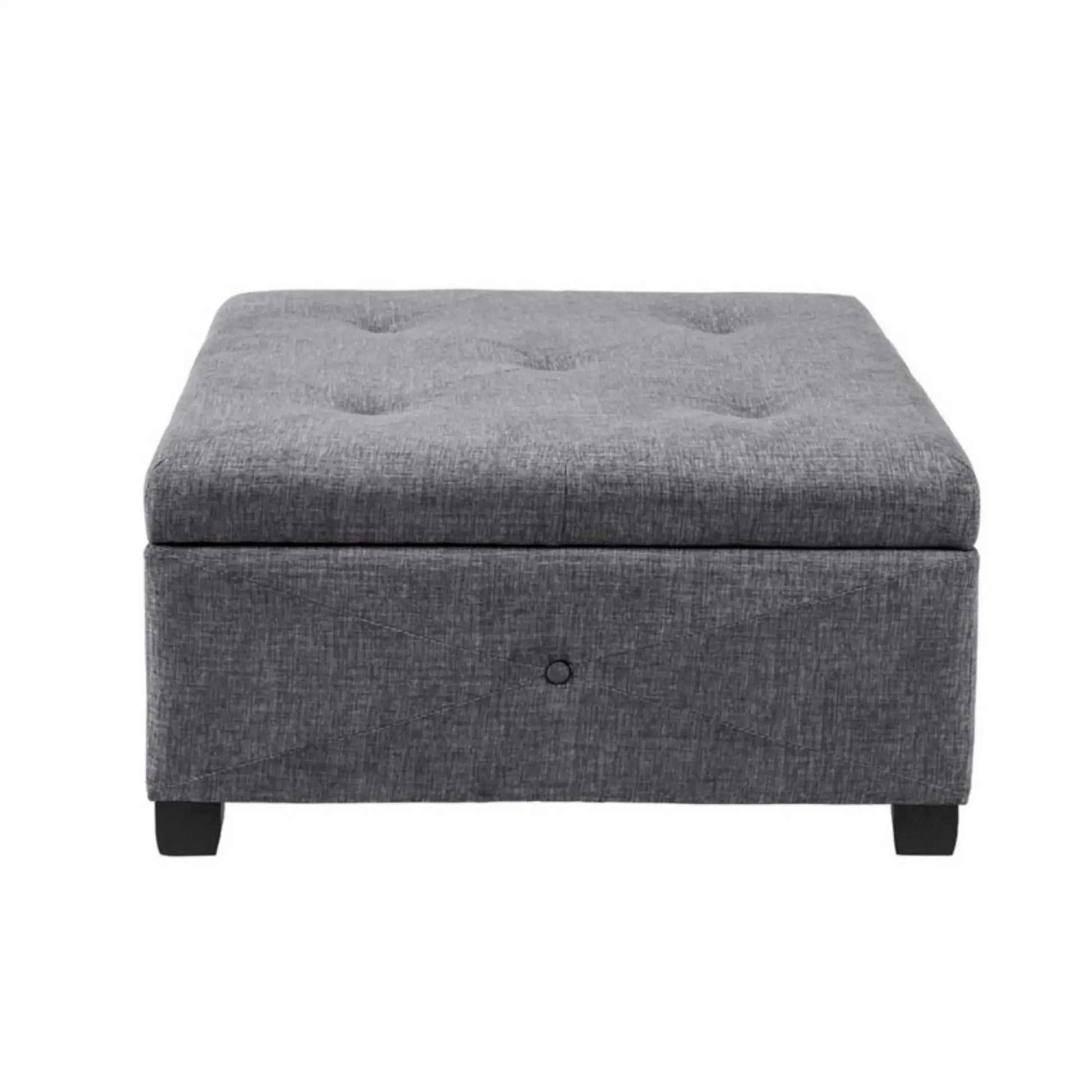 Aspen Ottoman storage ottoman in grey fabric with a tufted lid and dark legs on Tampa Home & Garden Store