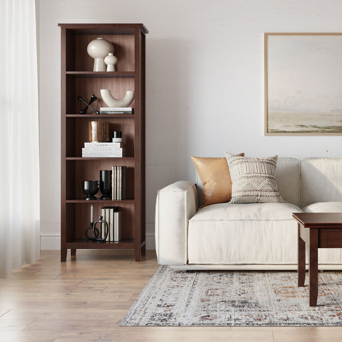 HouseOfZazla handcrafted solid wood five-shelf bookcase in dark walnut finish shelf on Tampa Home & Garden Store