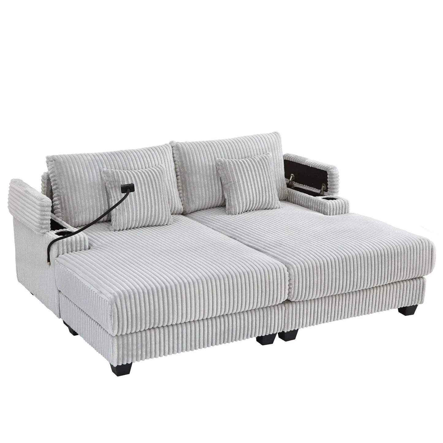 Modern chaise sofa by Unique Piece Furniture in gray corduroy with cup holders and storage on Tampa Home & Garden Store