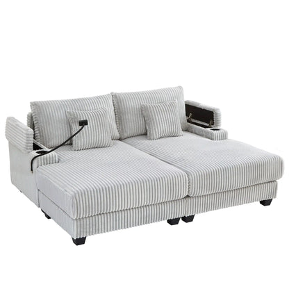 Modern chaise sofa by Unique Piece Furniture in gray corduroy with cup holders and storage on Tampa Home & Garden Store