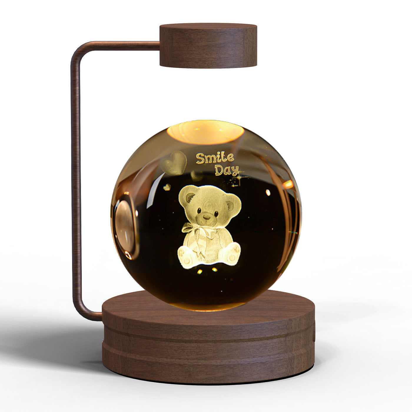 Crystal ball night light with teddy bear engraving, warm amber glow on wooden base USB powered on Tampa Home & Garden Store