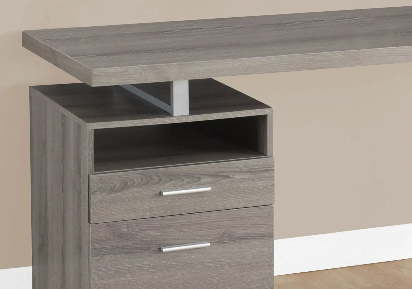 Computer desk with gray wood finish, built-in open shelf and three drawers for home office on Tampa Home & Garden Store