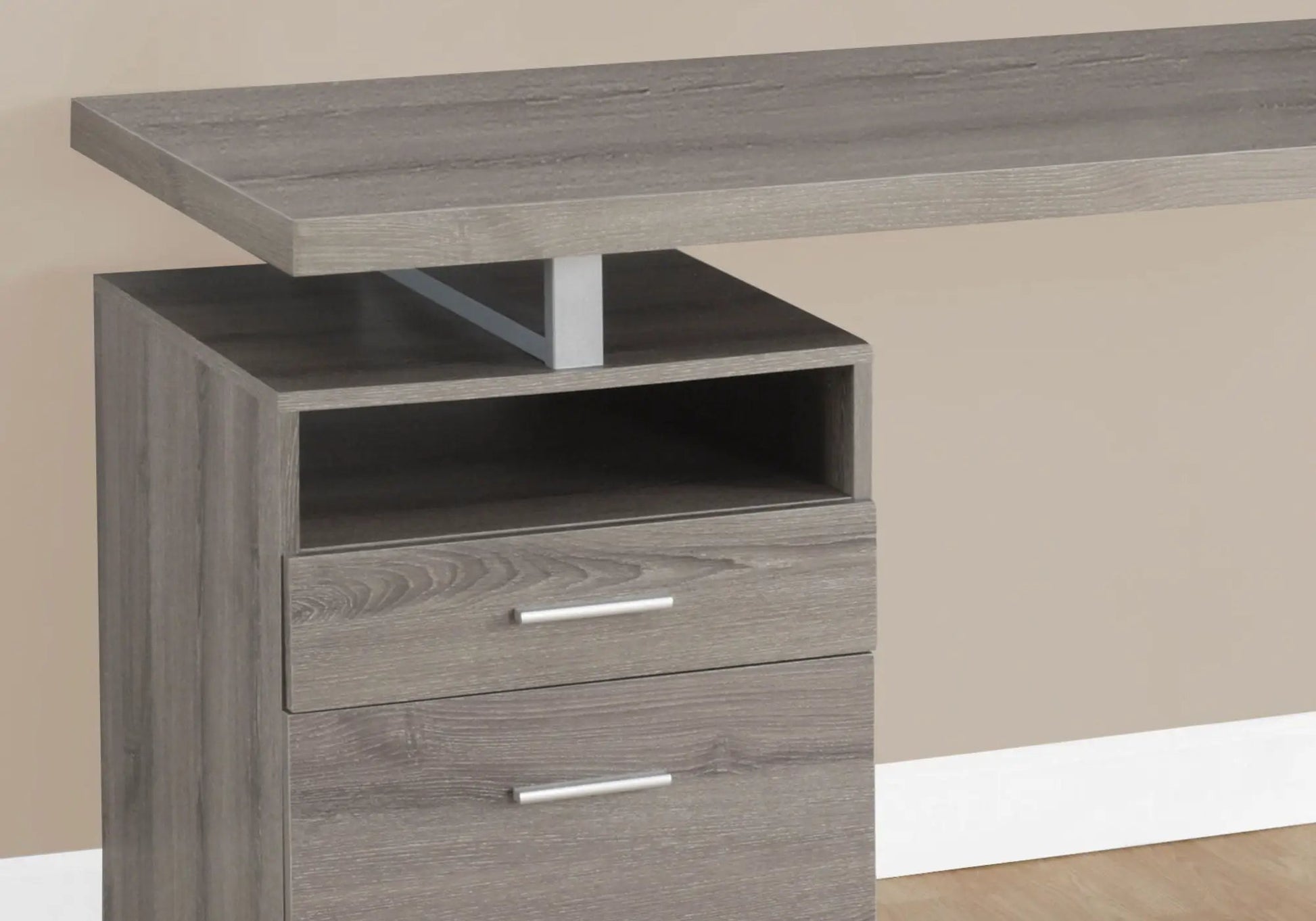 Computer desk with gray wood finish, built-in open shelf and three drawers for home office on Tampa Home & Garden Store