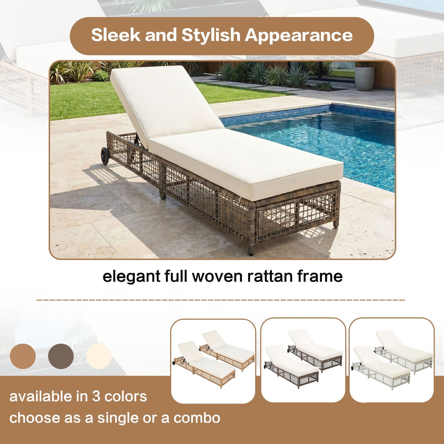 Outdoor lounge chaise by HouseOfZazla with cream cushion, 5-position backrest, wheeled frame on Tampa Home & Garden Store