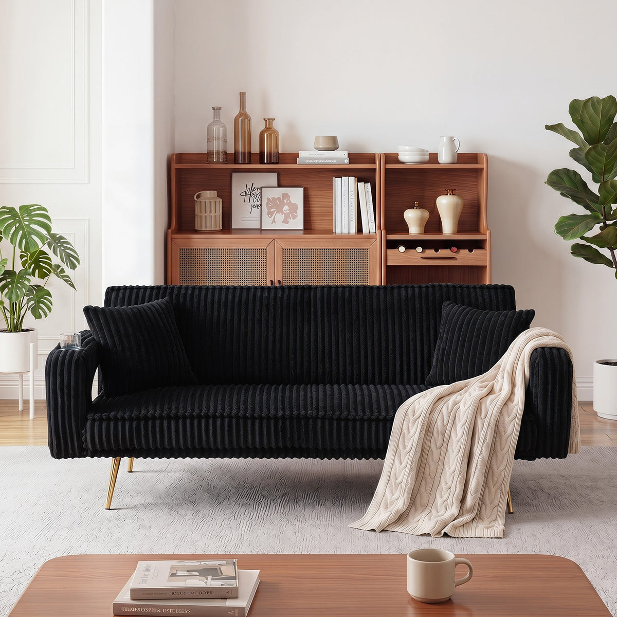 Minimalist Corduroy Sofa Bed and Pillows