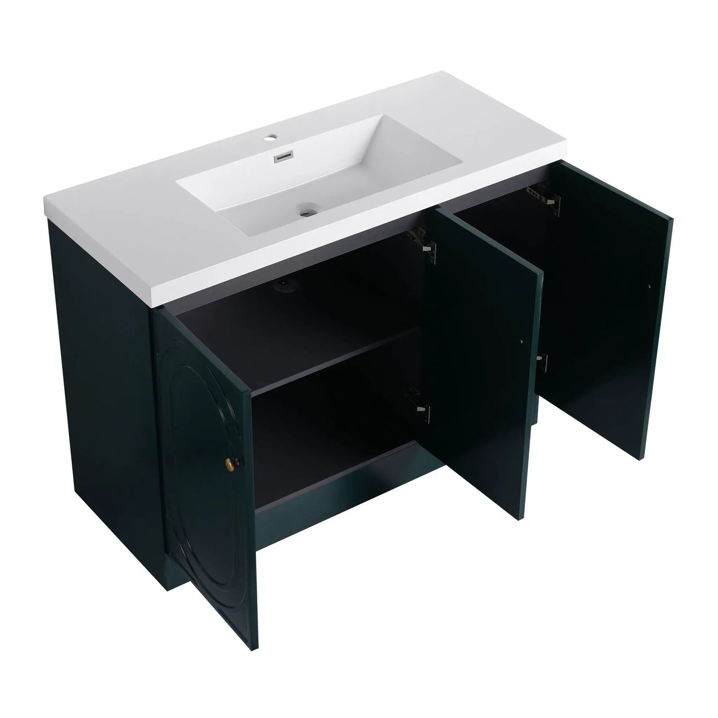 Contemporary freestanding bathroom vanity with resin sink, white top and dark green cabinet on Tampa Home & Garden Store