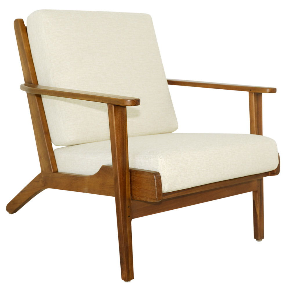 Genuine lounge chair with solid wood frame, beige fabric cushions, armchair style on Tampa Home & Garden Store