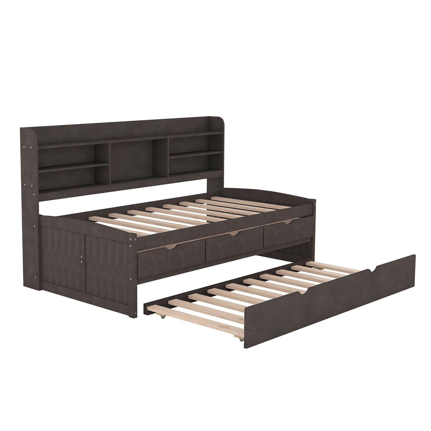 Captain Bed with built-in bookshelves and trundle, dark charcoal wood with 3 storage drawers on Tampa Home & Garden Store