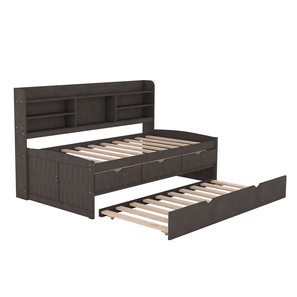 Captain Bed with built-in bookshelves and trundle, dark charcoal wood with 3 storage drawers on Tampa Home & Garden Store