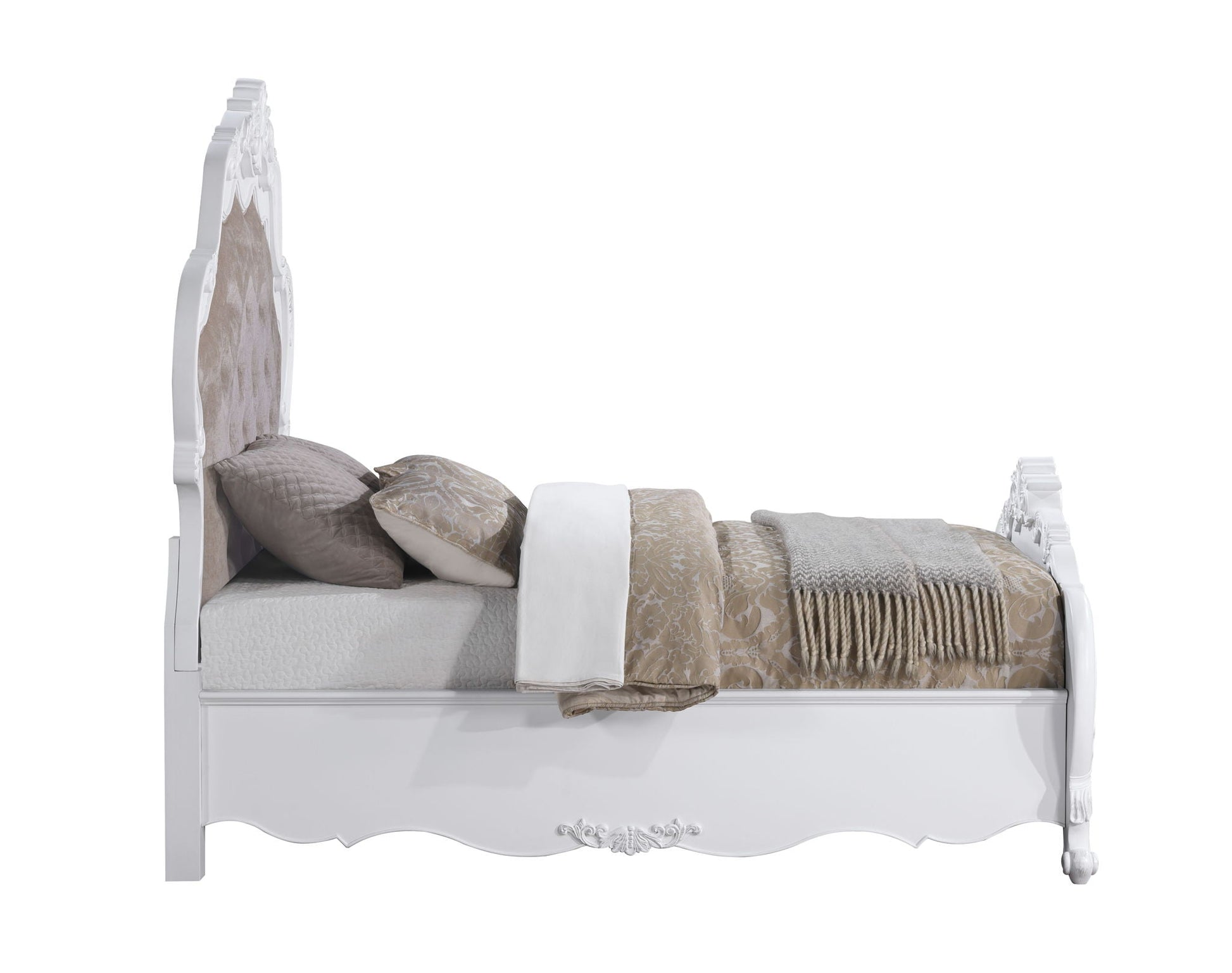Latisha Wood Bed by HouseOfZazla white wood frame with tufted beige upholstered headboard on Tampa Home & Garden Store