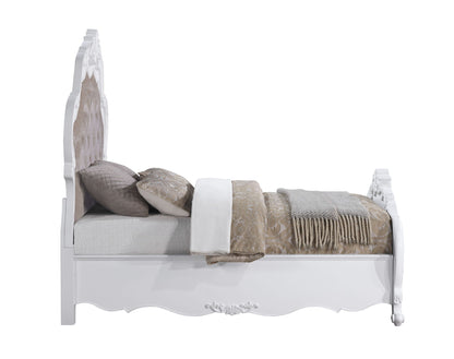 Latisha Wood Bed by HouseOfZazla white wood frame with tufted beige upholstered headboard on Tampa Home & Garden Store