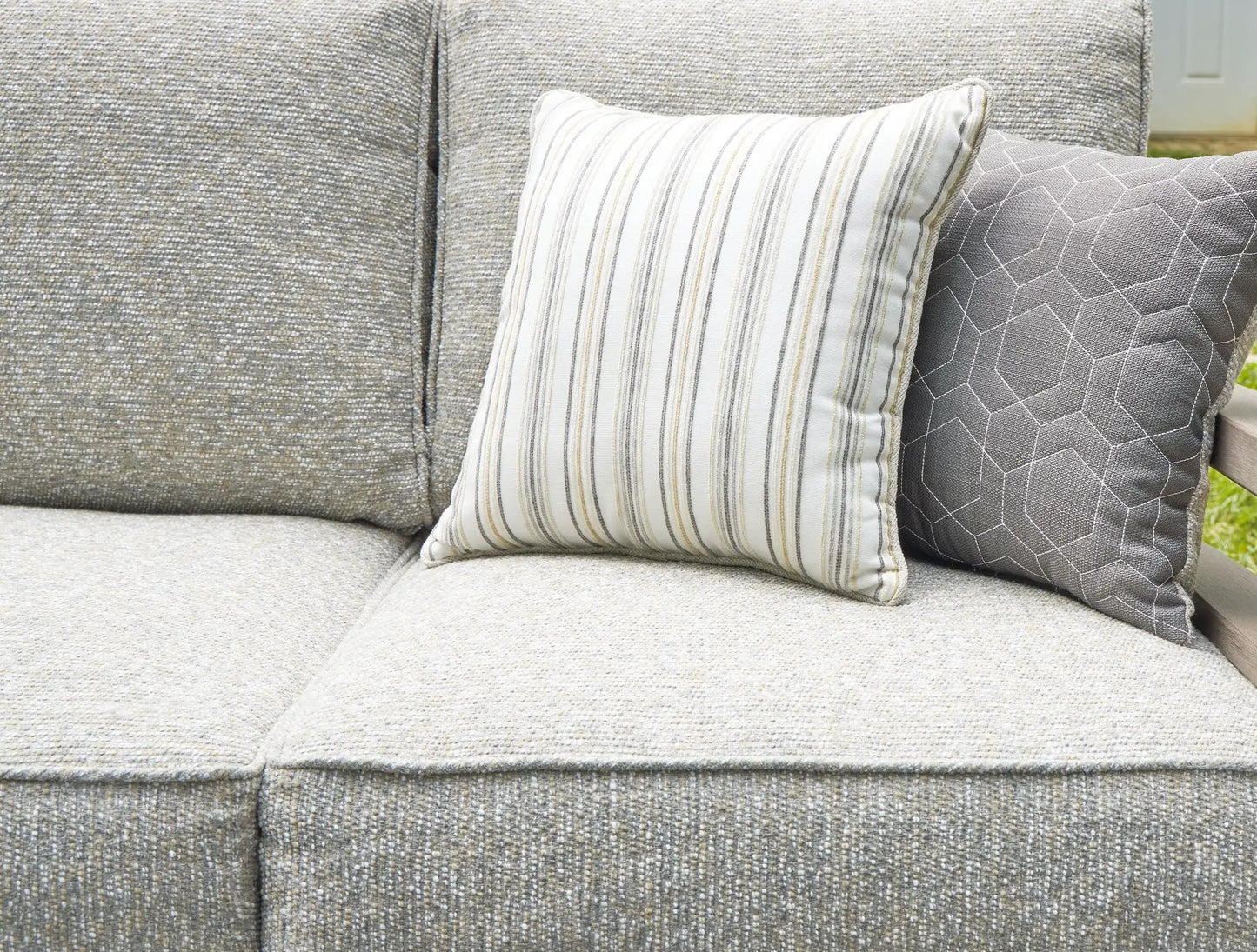 Hillside Barn Sofa with Cushion gray brown fabric striped hex pillows Unique Piece Furniture on Tampa Home & Garden Store