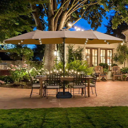Double- Sided Outdoor Market Umbrella With Lights And Base beige canopy with black pole on Tampa Home & Garden Store