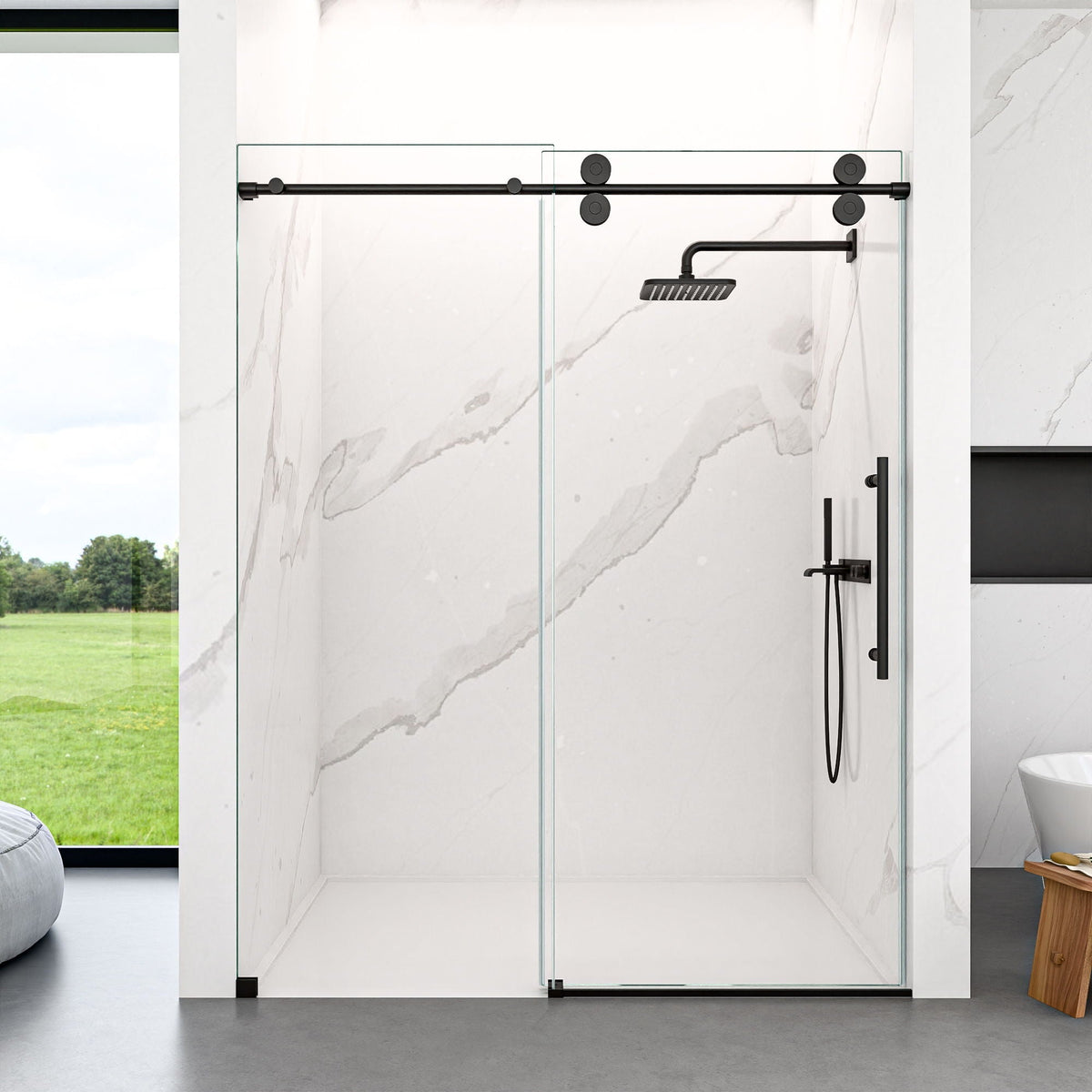 Clear tempered frameless sliding shower door with black hardware by HouseOfZazla on Tampa Home & Garden Store