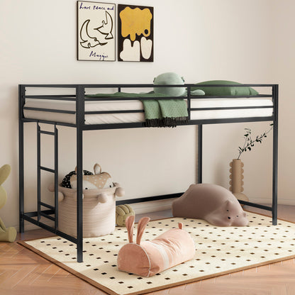 Black metal twin loft bed with full-length guardrails and reversible ladder, modern space saver on Tampa Home & Garden Store