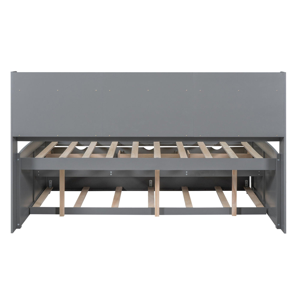 Captain Bed with built-in bookshelves gray panel bed frame with wooden slats on Tampa Home & Garden Store