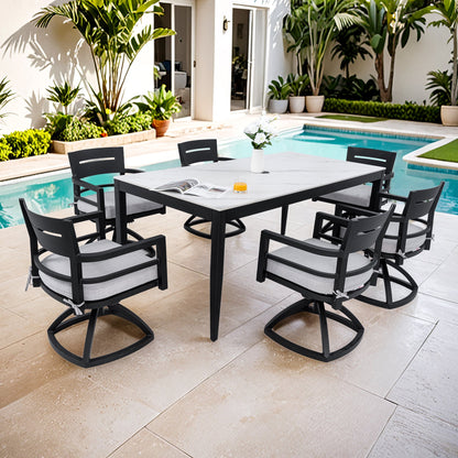 HouseOfZazla 7PC outdoor aluminum dining set with black frames and gray cushions by pool on Tampa Home & Garden Store