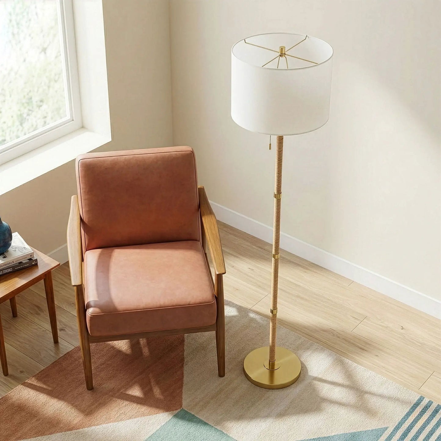 Stellar Linen Shade Floor Lamp gold finish with white shade and rope-wrapped stem on Tampa Home & Garden Store