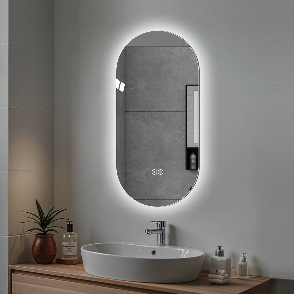 Smart LED oval wall mirror with touch screen and backlit halo pearl silver finish in bathroom on Tampa Home & Garden Store