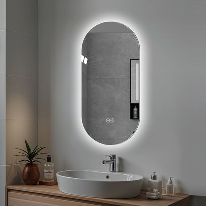 Smart LED oval wall mirror with touch screen and backlit halo pearl silver finish in bathroom on Tampa Home & Garden Store