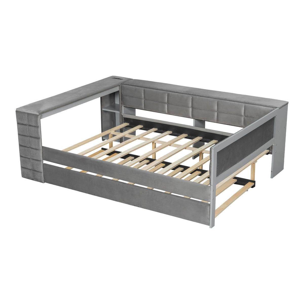 Upholstered gray platform bed with built-in storage shelves and trundle by HouseOfZazla on Tampa Home & Garden Store