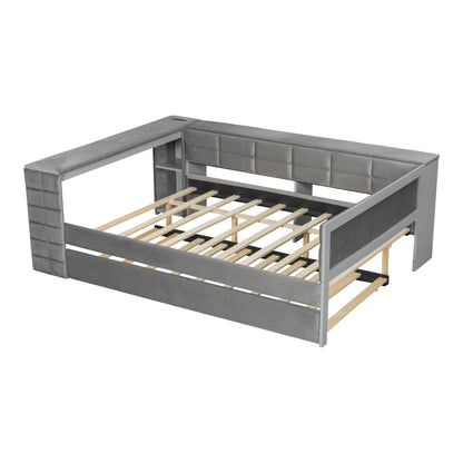 Upholstered gray platform bed with built-in storage shelves and trundle by HouseOfZazla on Tampa Home & Garden Store