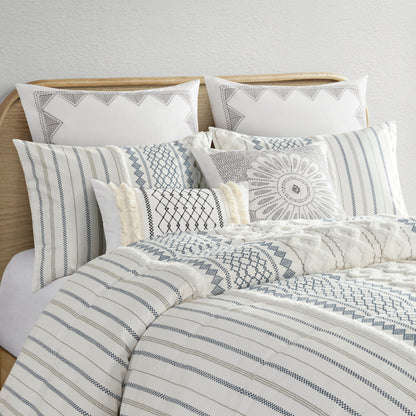 Cotton duvet cover set chenille HouseOfZazla, full/queen, white with blue-gray stripes on Tampa Home & Garden Store