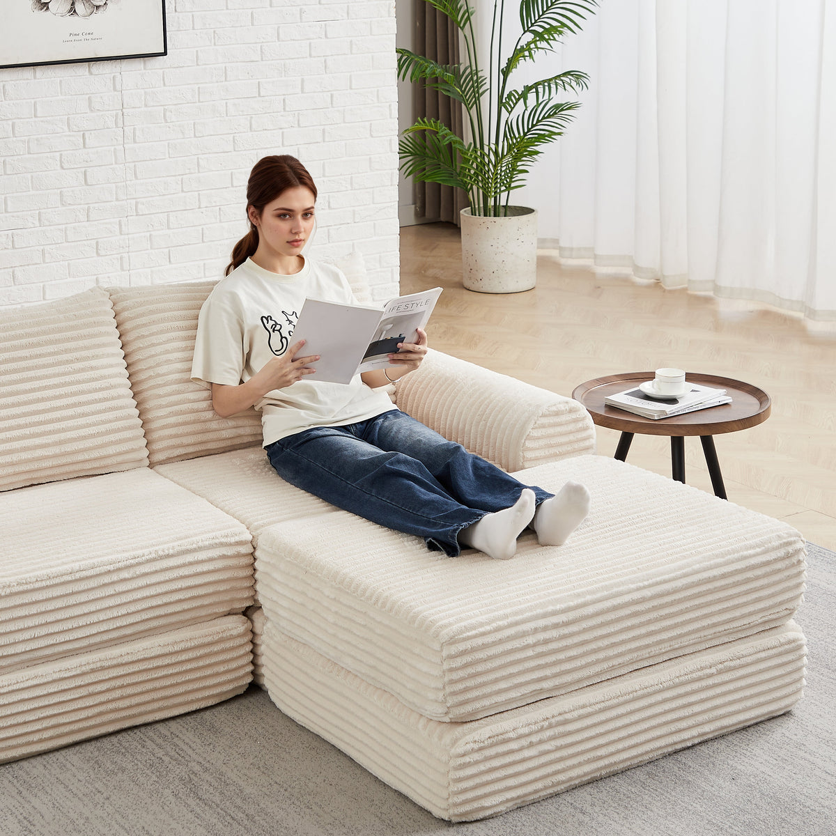 Minimalist Corduroy Sofa Bed and Throw Pillows