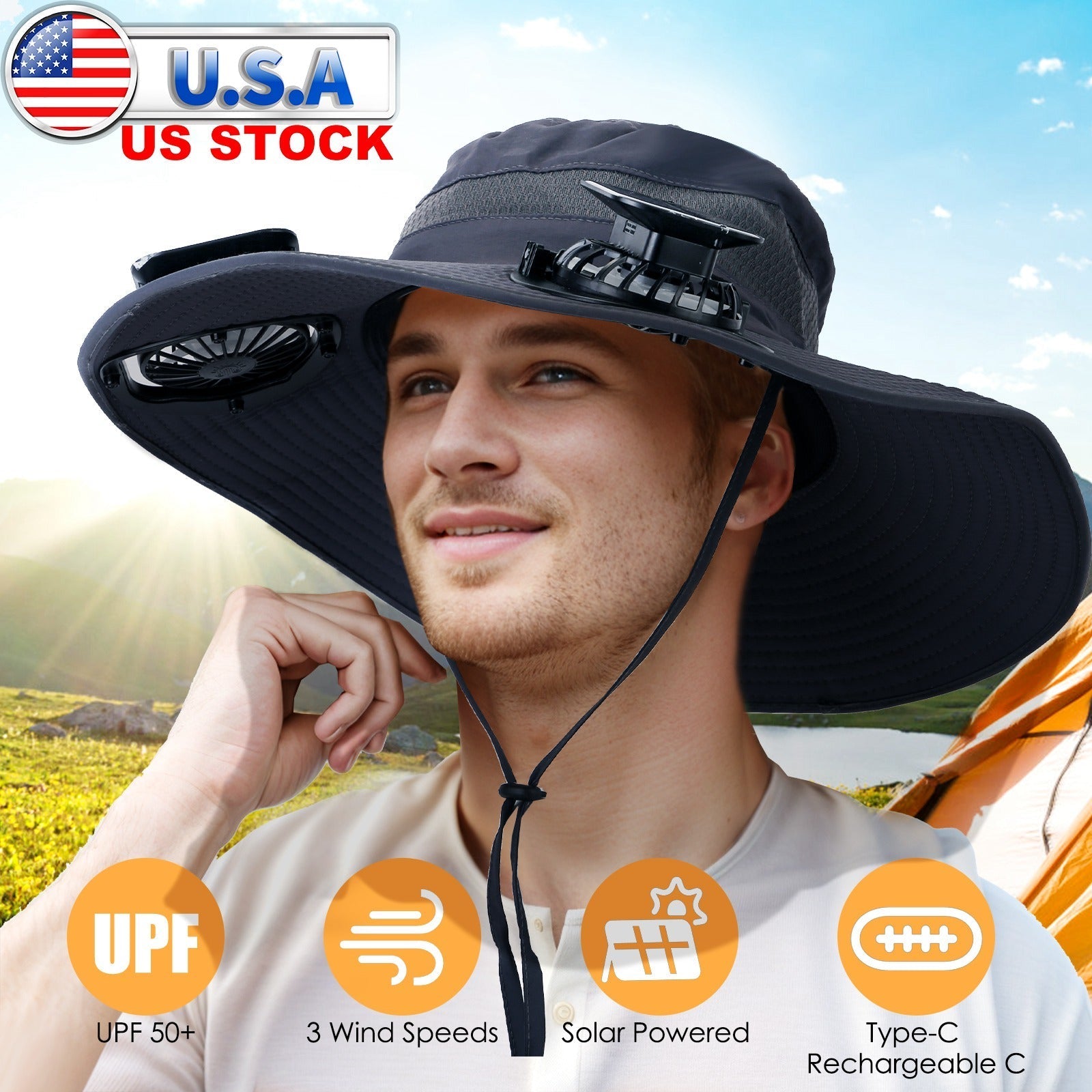 GemGear navy outdoor wide-brim sun hat with dual built-in fans, solar powered, UPF50+ nylon mesh on Tampa Home & Garden Store