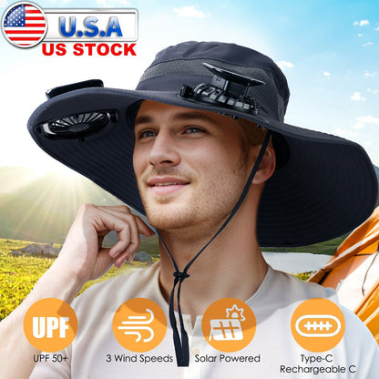 GemGear navy outdoor wide-brim sun hat with dual built-in fans, solar powered, UPF50+ nylon mesh on Tampa Home & Garden Store