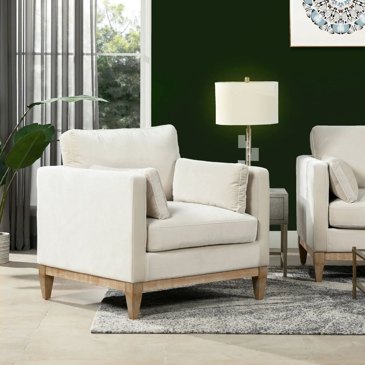 Knox Modern Farmhouse Arm Chair in cream upholstery with light wood legs; pair on Tampa Home & Garden Store