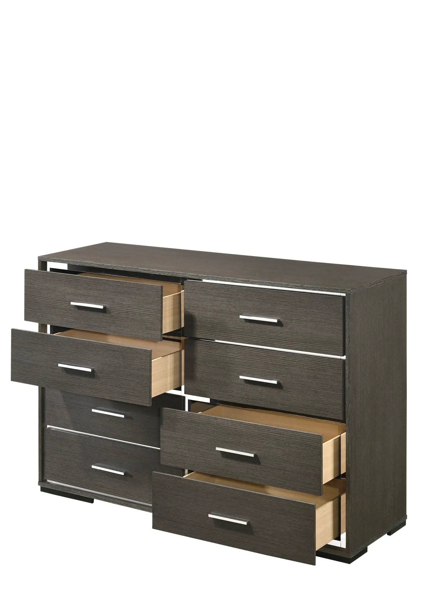 Escher dresser in gray oak finish with multiple wide drawers and silver bar pulls, several drawers open on Tampa Home & Garden Store