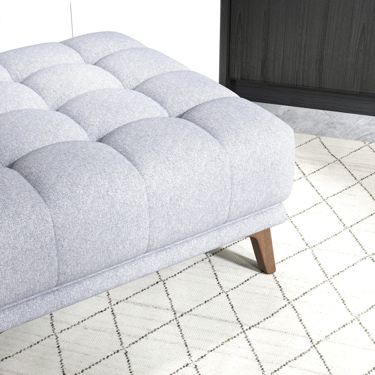 Addison Square Upholstered ottoman in gray fabric with rounded tufted cushions, wood legs, on Tampa Home & Garden Store